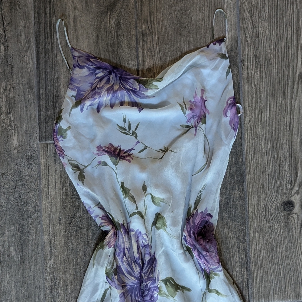 100% SILK Floral Blue Purple Cowl Neck slip formal dress ruffle